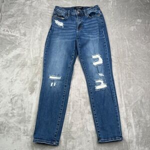 Judy Blue Jeans Womens 26 Blue Boyfriend Fit Distress Patched Stretch Denim